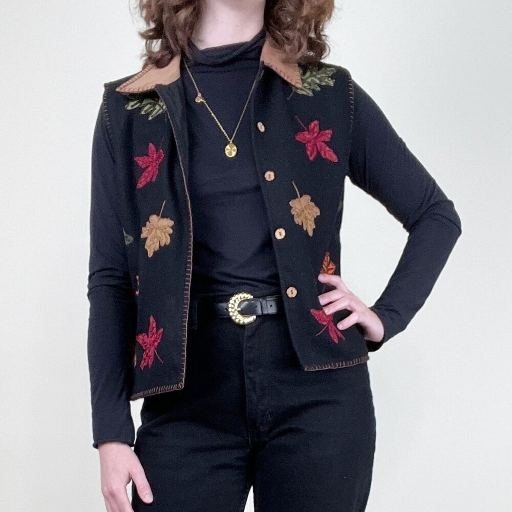 Vintage Wool Fall Leaf Sweater Vest Oversized Sleeveless Jacket Coat Novelty 90s